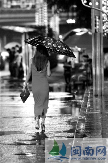 撑伞女子雨中漫步(昨晚8时33分,摄于泉州市区泉秀街)